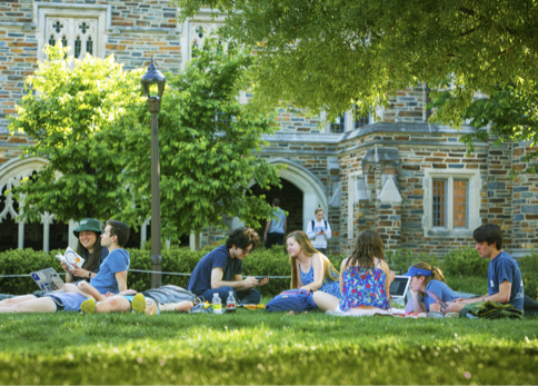 students sitting on a field in the spring